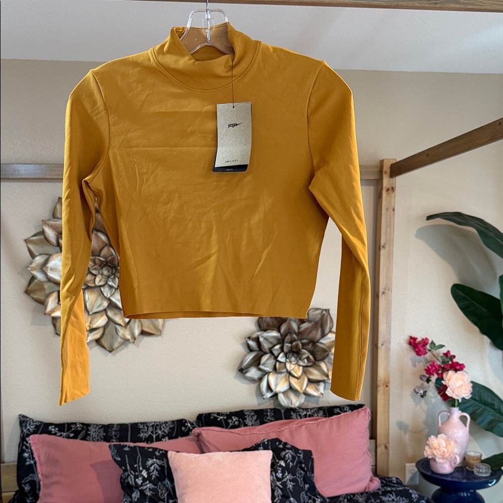 Nike Yoga Dri Fit Yellow/ Mustard High Neck Crop Top Size S
